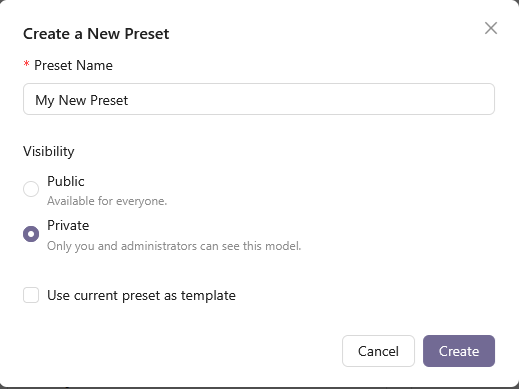 Add New Preset menu