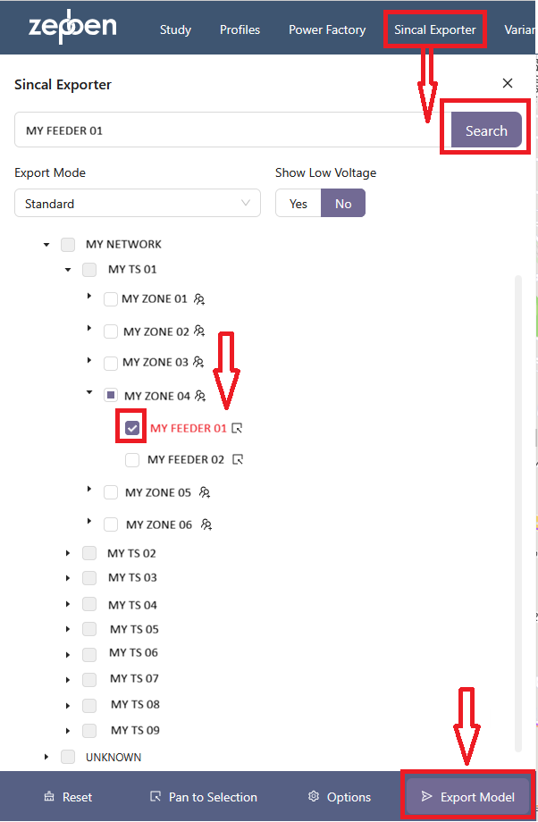 SINCAL exporter left-hand panel workflow